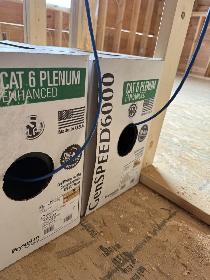 Boxes of American-made Cat6 cable staged for a Sioux Falls new construction pre-wire