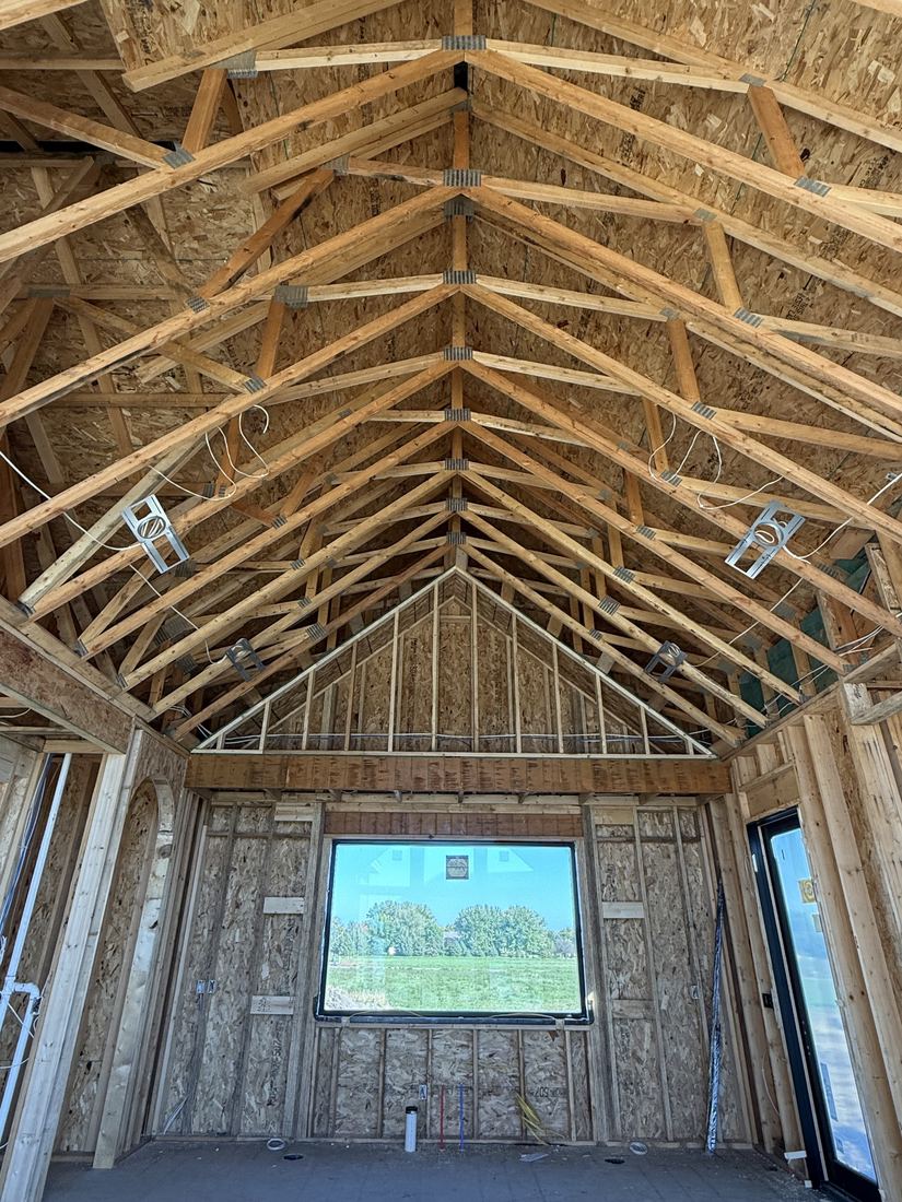 Vaulted great room at rough-in during a new construction pre-wire in Sioux Falls, SD